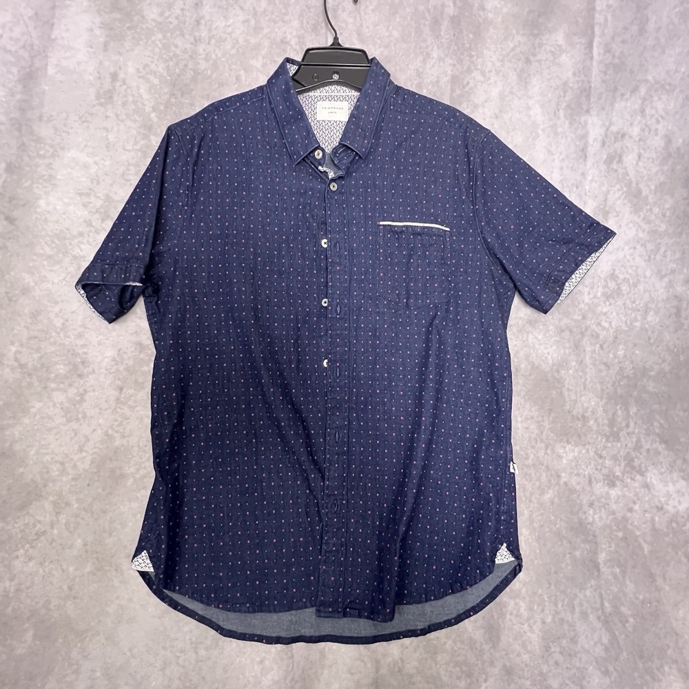 7 Diamonds Shirt Mens Large Blue Short Sleeve Button‎ Up Pocket Preppy Polka Dot